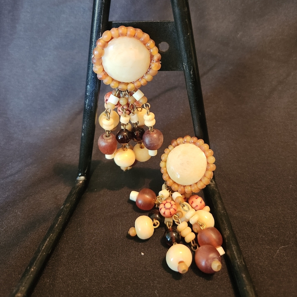 Vintage Cream and Brown Earrings with Pearl Accents